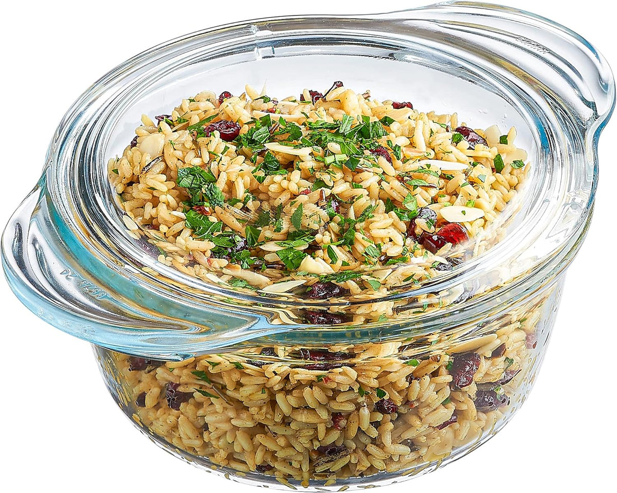Glass Casserole Dish by Simax Clear Glass Round Casserole Dish with Lid and Handles Covered Bowl for Cooking Baking Serving etc. Microwave Dishwasher Oven and Stove Safe Cookware 1.75 Quart