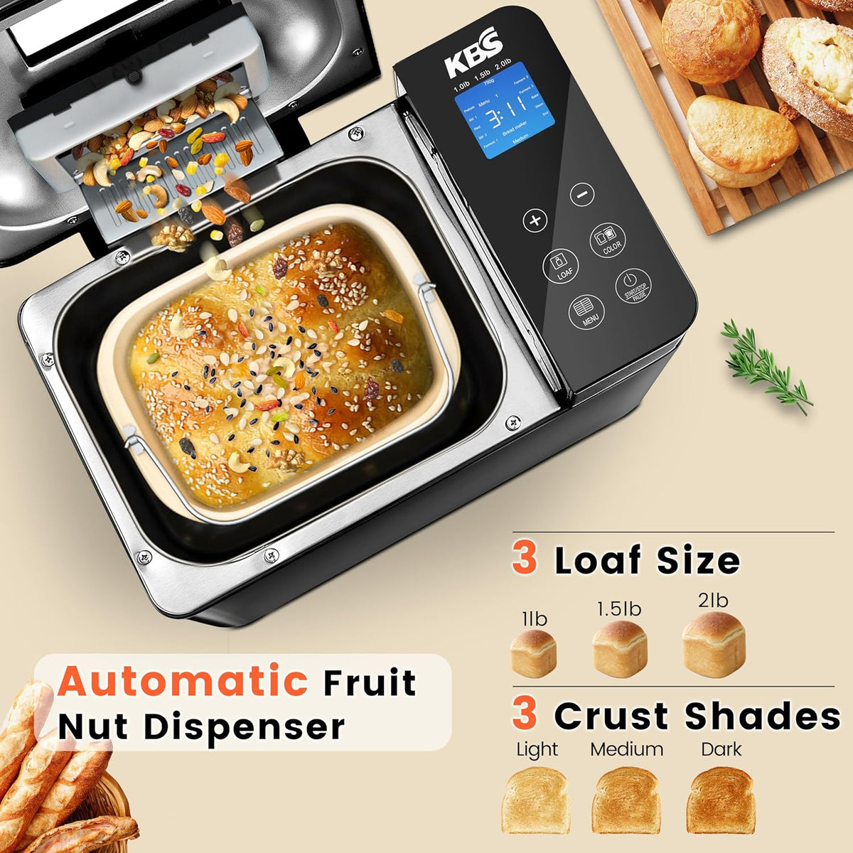 KBS 17-in-1 Bread Maker-Dual Heaters, 710W Machine Stainless Steel with Gluten-Free, Dough Maker,Jam,Yogurt PROG, Auto Nut Dispenser,Ceramic Pan& Touch Panel, 3 Loaf Sizes 3 Crust Colors,Recipes