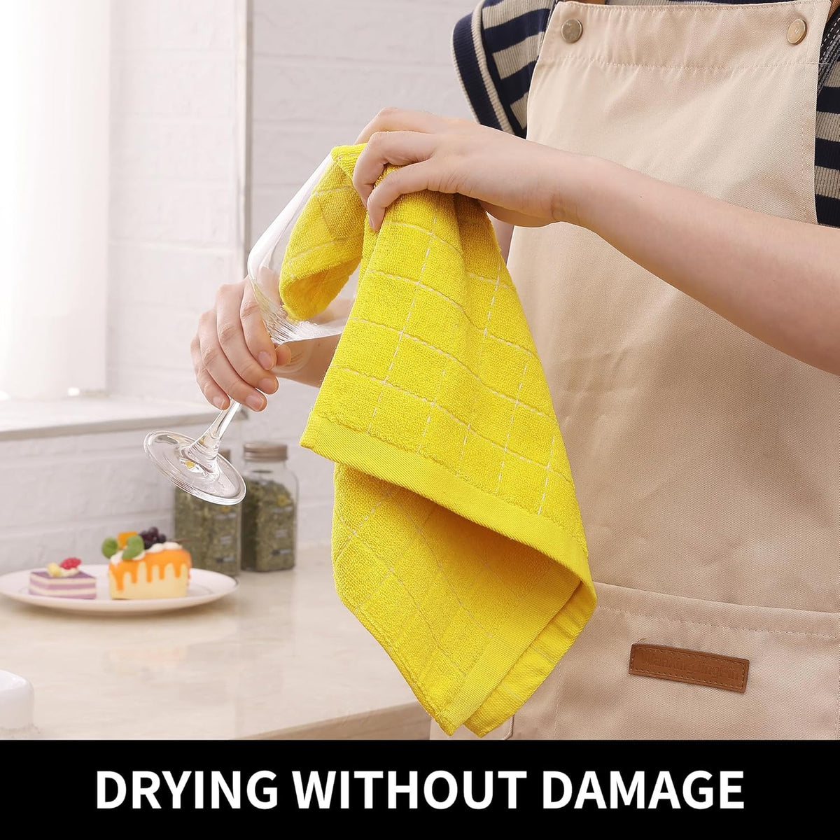 Homaxy 100% Cotton Terry Kitchen Towels(Yellow, 13 x 28 inches), Checkered Designed, Soft and Super Absorbent Dish Towels, 6 Pack