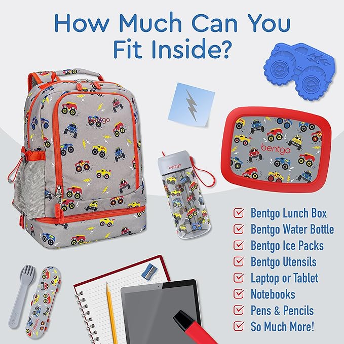 Bentgo Kids 2-in-1 Backpack & Insulated Lunch Bag - Durable 16” Backpack & Lunch Container in Unique Prints for School & Travel - Water Resistant, Padded & Large Compartments (Trucks)