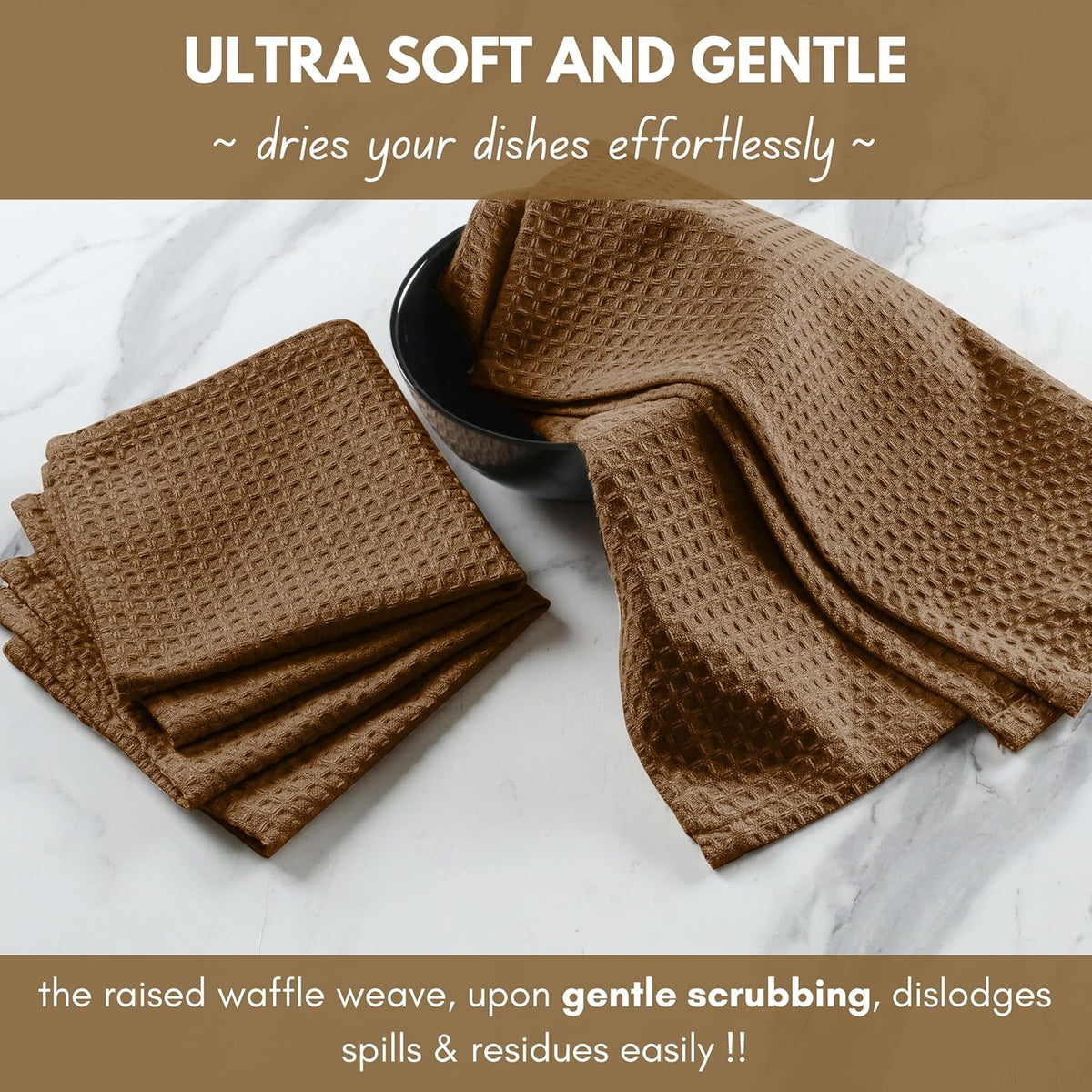 Native Fab Cotton Kitchen Towel with Hanging Loop 16x26 inches, 6-Pack, Waffle Weave Kitchen Towels for Cleaning Drying, Washcloths Soft & Absorbent Cloth Rags, Bar Towel, Dish Cloth, Brown