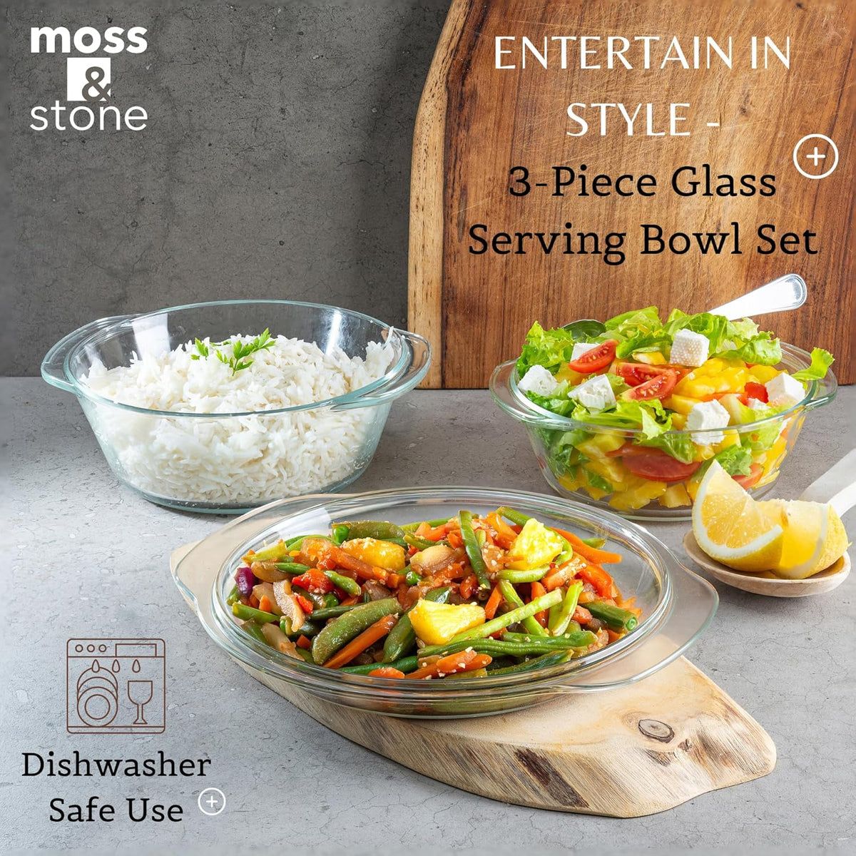 Moss & Stone 6-Piece Clear Glass Casserole Dishes for Oven With Lids, Durable Tempered Borosilicate Glass Bakeware Set, Microwave Safe, 3 Round Sizes for Cooking, Serving & Storage