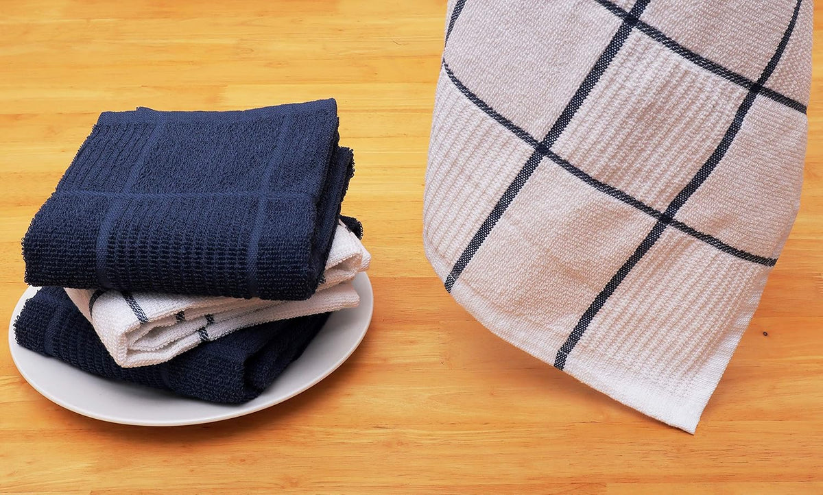 AMOUR INFINI Kitchen Towels Pack of 4 Absorbent, Quick Drying Premium Terry Cotton Dish Towel with Hanging Loop 16x28 Inch Hand & Tea Towels (Blue)