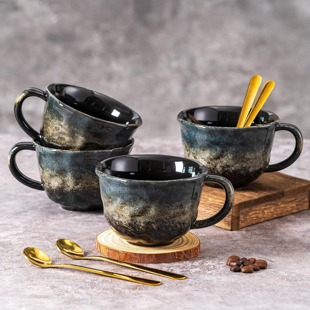 Coffee Mugs Cup, 8 OZ Ceramic Coffee Mugs with Gold Spoon for Man Woman, Modern Set of 4 Cup for Espresso Latte Cappuccino Cocoa Tea Dishwasher & Microwave Safe (Star Pulse)