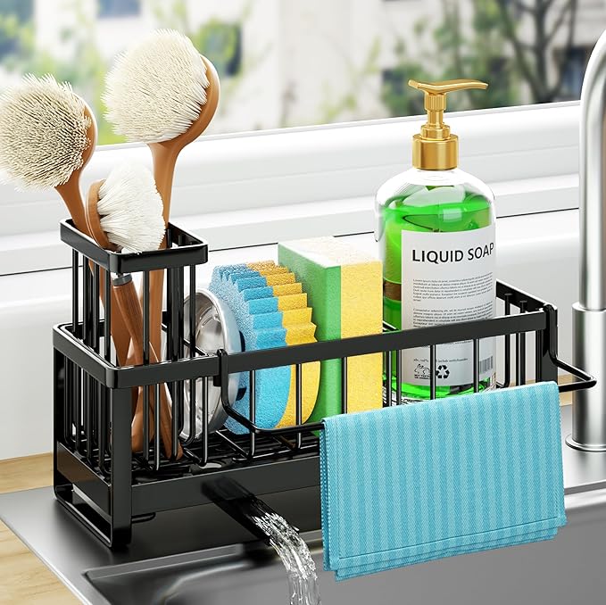 HapiRm Sponge Holder for Kitchen Sink - Self-draining Sink Caddy with Brush and Dishcloth Holders, Stainless Steel Kitchen Organizer for Countertop - Black