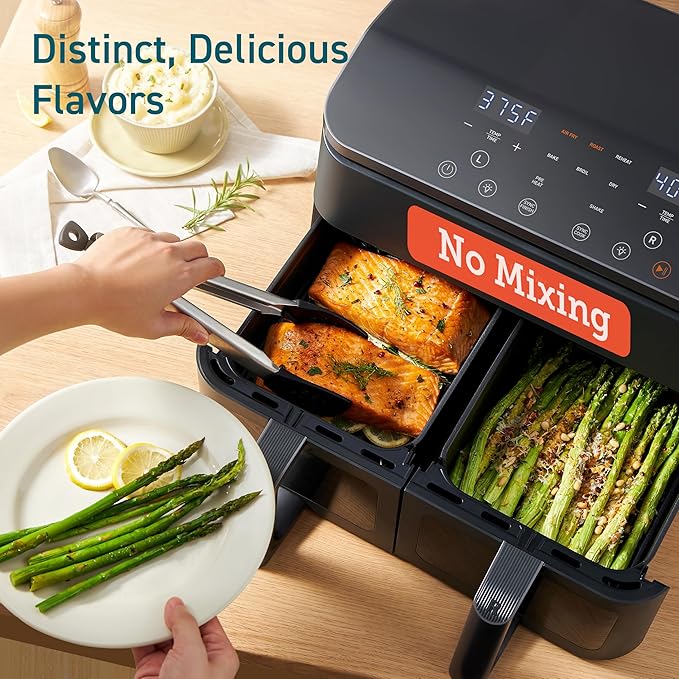 COSORI Dual Air Fryer 9Qt – 10-in-1, Fresh Balanced Meals for Family and Children with Double Baskets, Sync Cook & Finish to Bake, Roast, Reheat, Broil & 130 Recipes for Easy Cooking, Dishwasher Safe