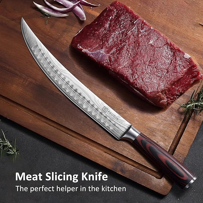 PAUDIN Carving Knife, 10 Inch Butcher Knife, Forged High Carbon German Stainless Steel, Razor Sharp Curved Brisket Slicing Kinfe for Poultry Beef Pork Meat Cutting, Ergonomic wood Handle Design