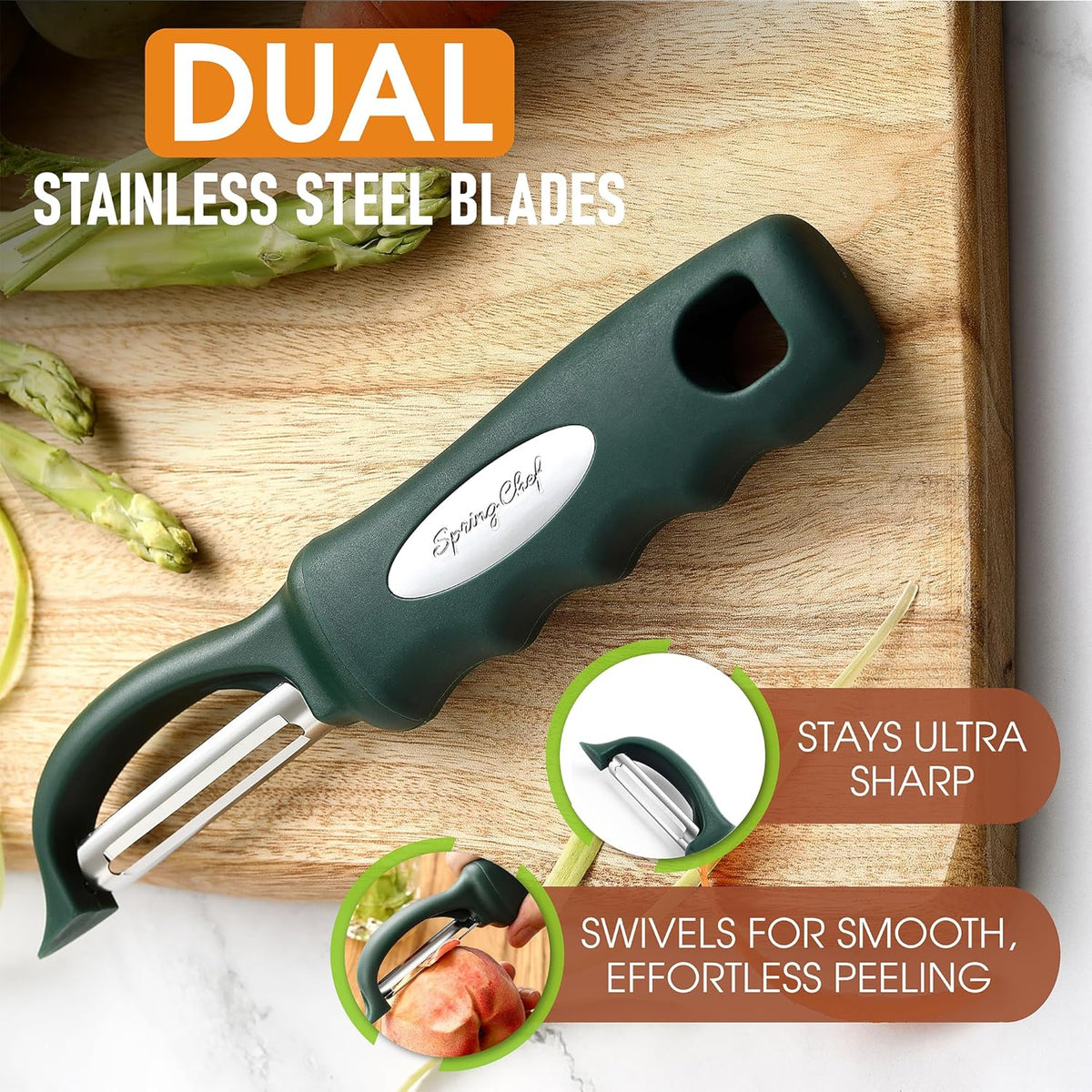 Spring Chef Premium Swivel Vegetable Peelers for Kitchen, Stainless Steel Apple Peelers with Soft Grip Handle and Sharp Blades, Perfect for Potato, Carrot, Mango, Cucumber - Set of 2 - Pine Green