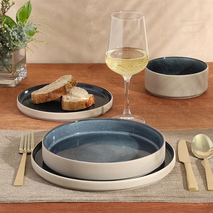 Gibson Elite Liberty Bay 16-Piece Pottery Clay Stoneware Dinnerware Set – Blue Reactive Glaze, Stackable Plates and Bowls W/Pasta Bowl, Service for 4 – Microwave & Dishwasher Safe