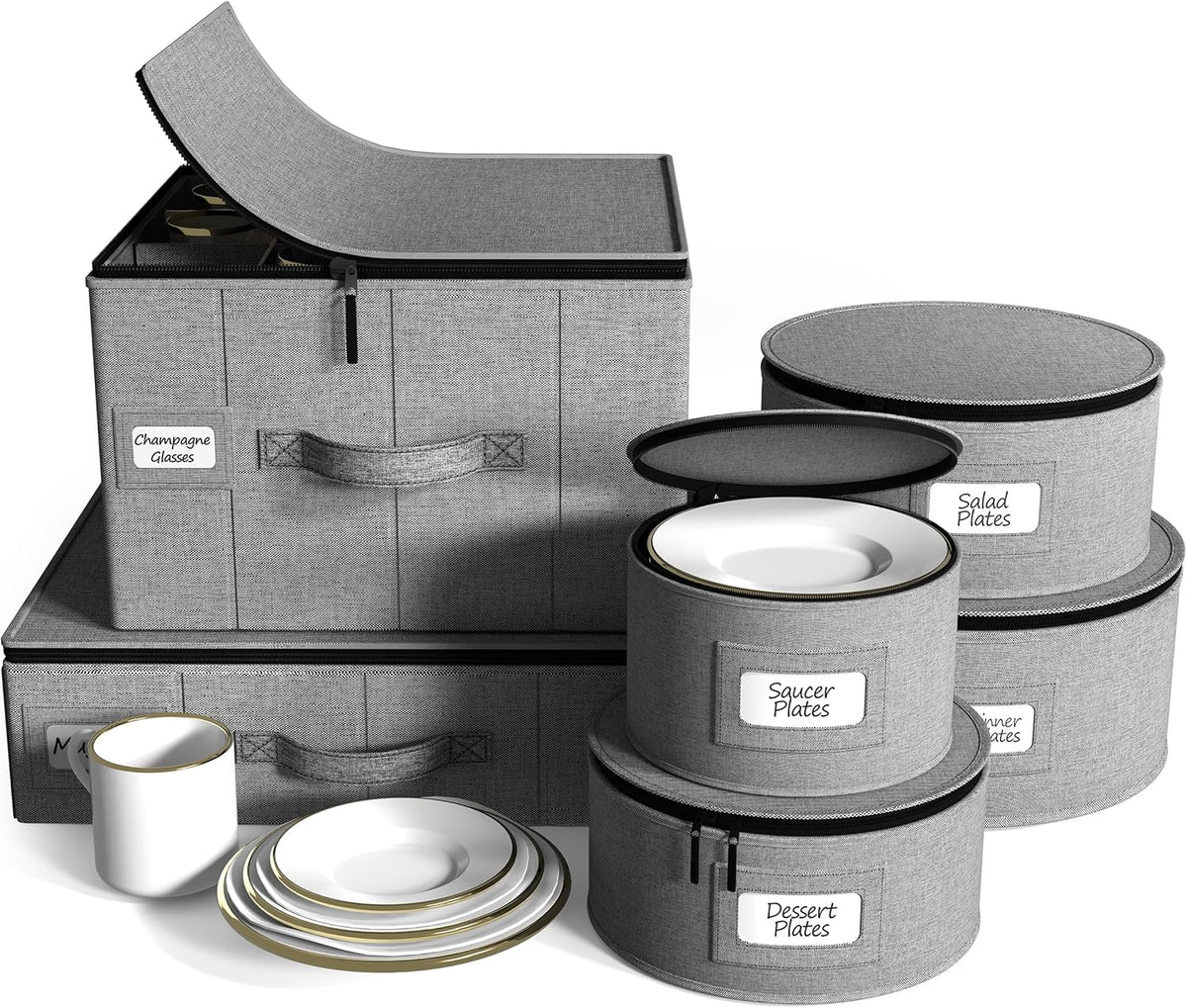 Sorbus China Storage Containers 6-Piece Set - Hard Shell Dinnerware Organizer for Plates, Glasses, Mugs & Saucers (Holds Service for 12) with Felt Protectors for Moving & Storage