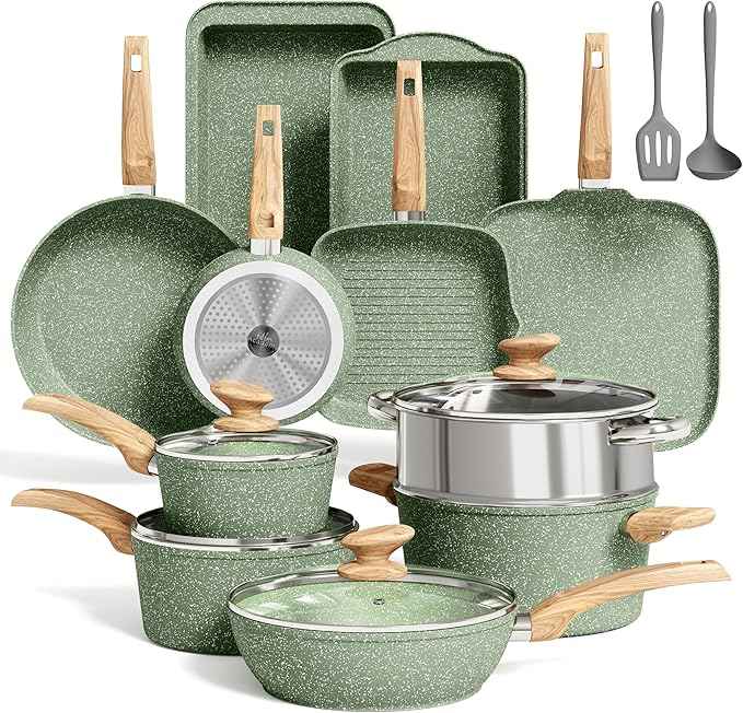 MAISON ARTS 17 Piece Pots and Pans Set Non Stick, Kitchen Cookware Sets with Nonstick Granite Stone Coating, Suitable for Induction Cooktops, Green