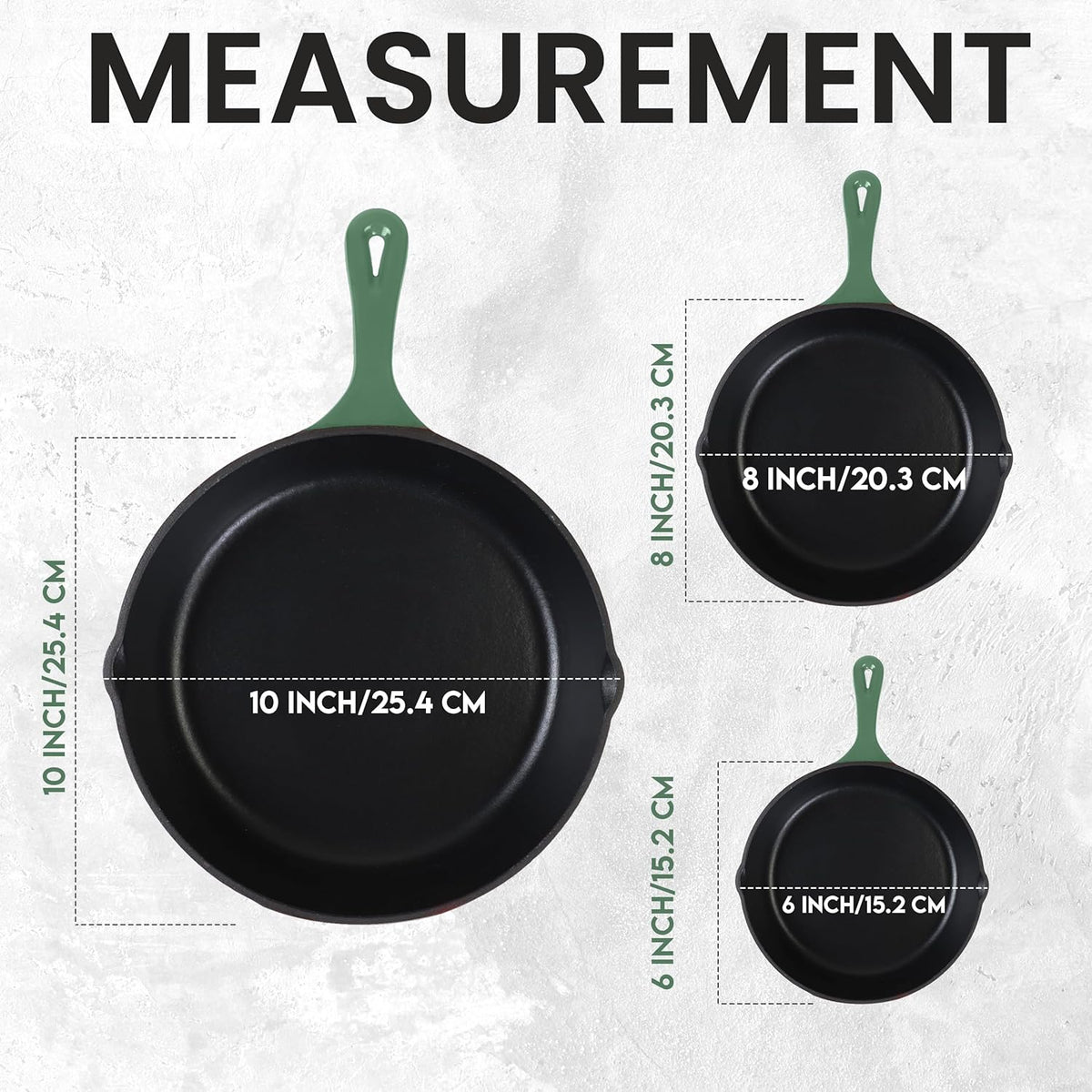 Utopia Kitchen Cast iron Skillets 3 Piece Set, Chefs Pan, Pre Seasoned Cast iron Skillets, 6, 8 & 10 Inches, Easy Use in the Oven, Stove, Grill, or Campfire, Green