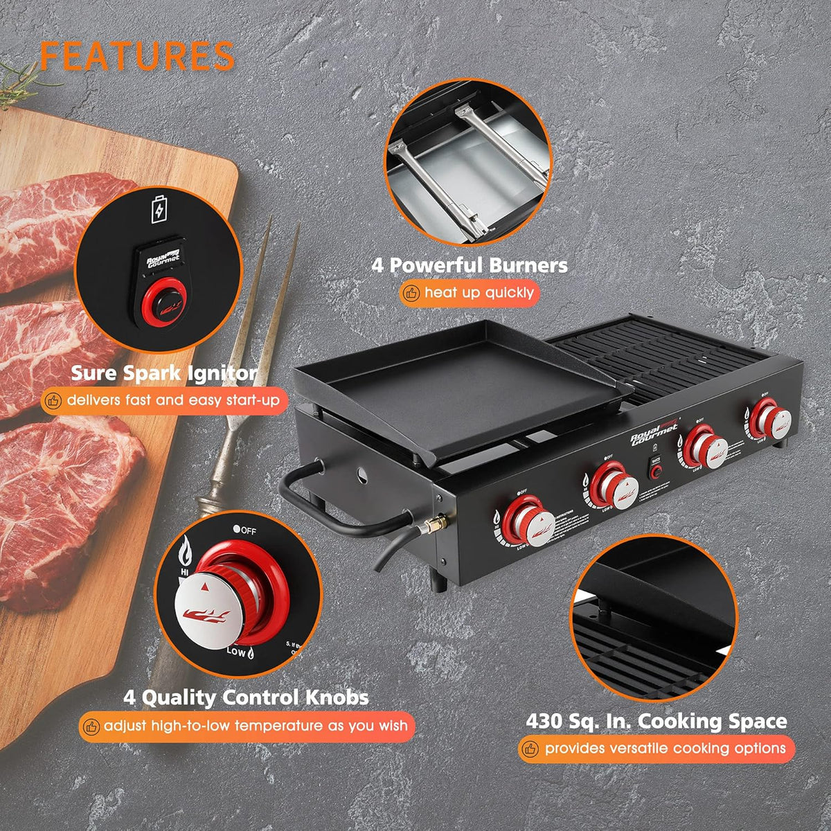 Royal Gourmet GD4002T 4-Burner Tailgater Grill and Griddle Combo, Portable Flat Top Propane Gas Grill with 40,000 BTUs Output for Backyard or Outdoor Cooking, Black