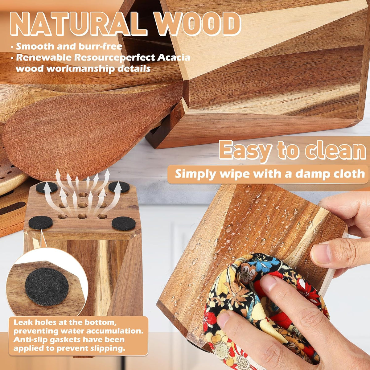 Wooden Utensil Holder for Kitchen: Wood Utensil Crocks for Farmhouse Decor - Kitchen Tool Storage for Countertop