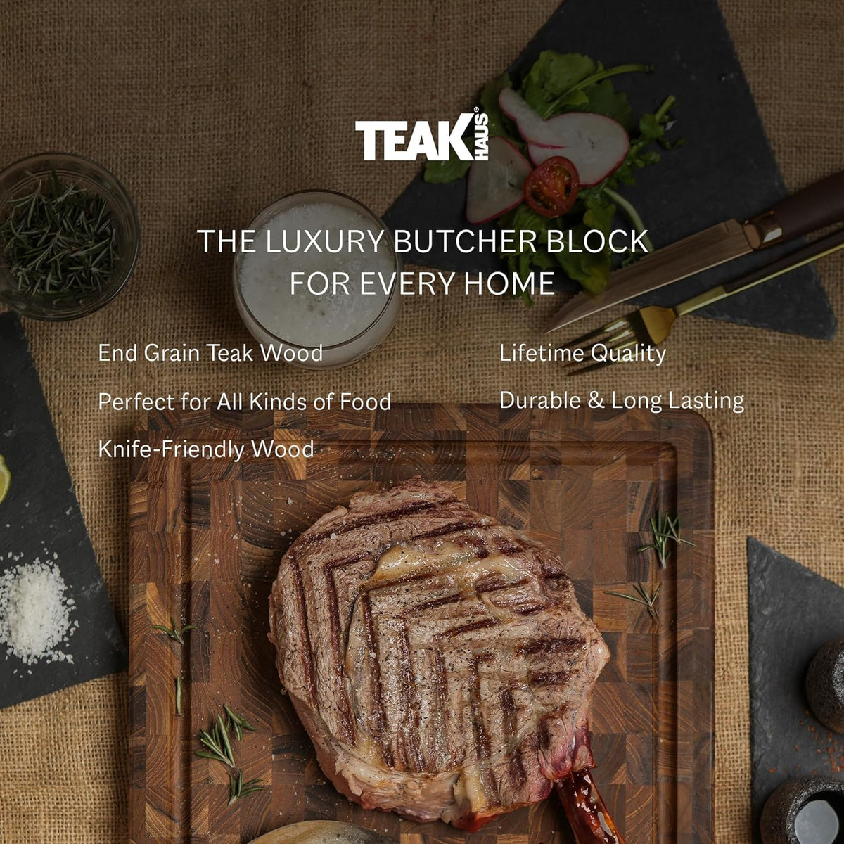 Teakhaus Butcher Block Cutting Board - Medium Thick Cutting Board with Juice Groove - Teak End Grain Wood - Knife Friendly - FSC Certified