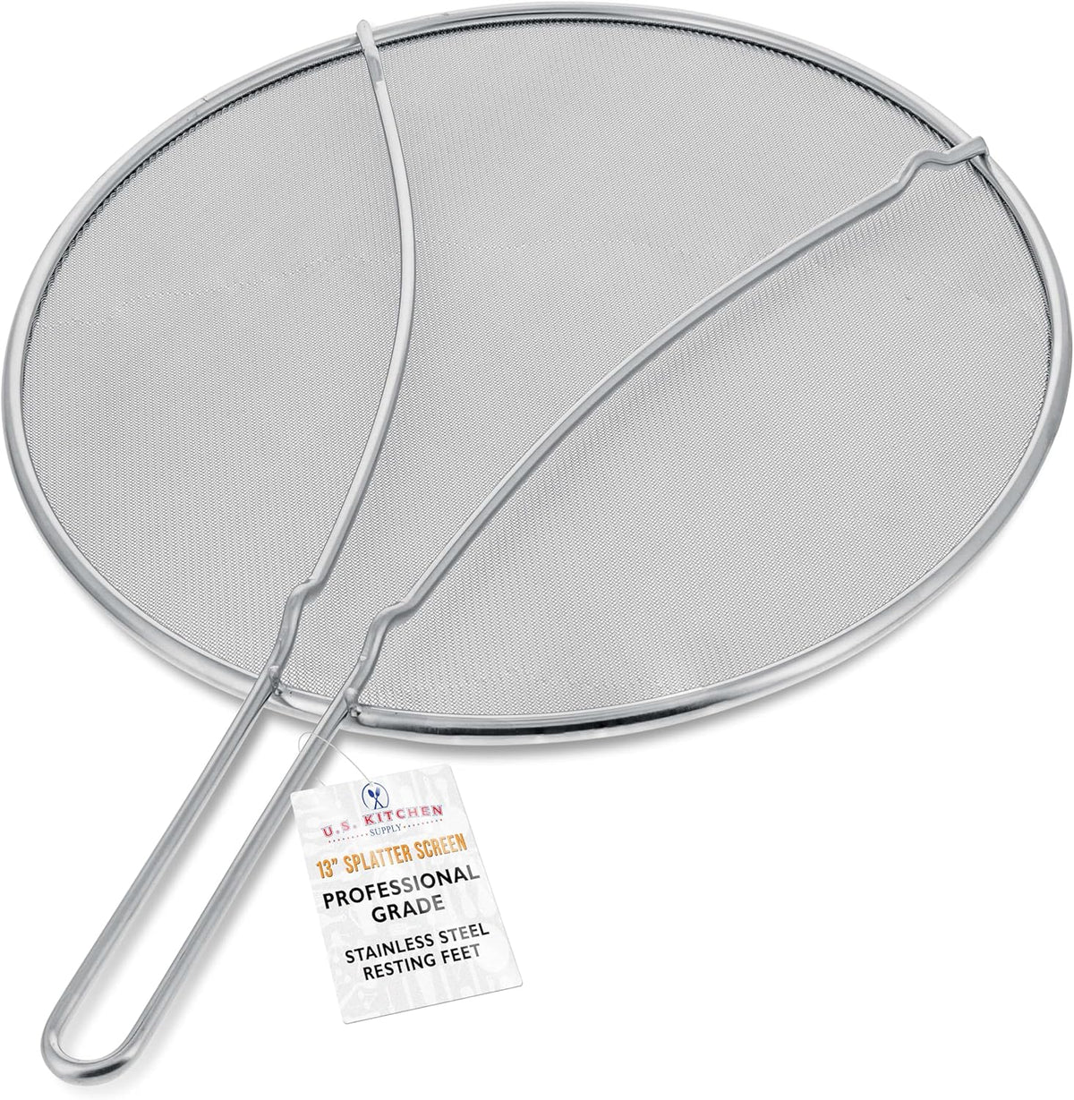 U.S. Kitchen Supply Stainless Steel Splatter Guard 13" Fine Mesh Cover, Grease & Oil, Splatter Screen for Frying Pan, Cooking Pots, with Resting Feet