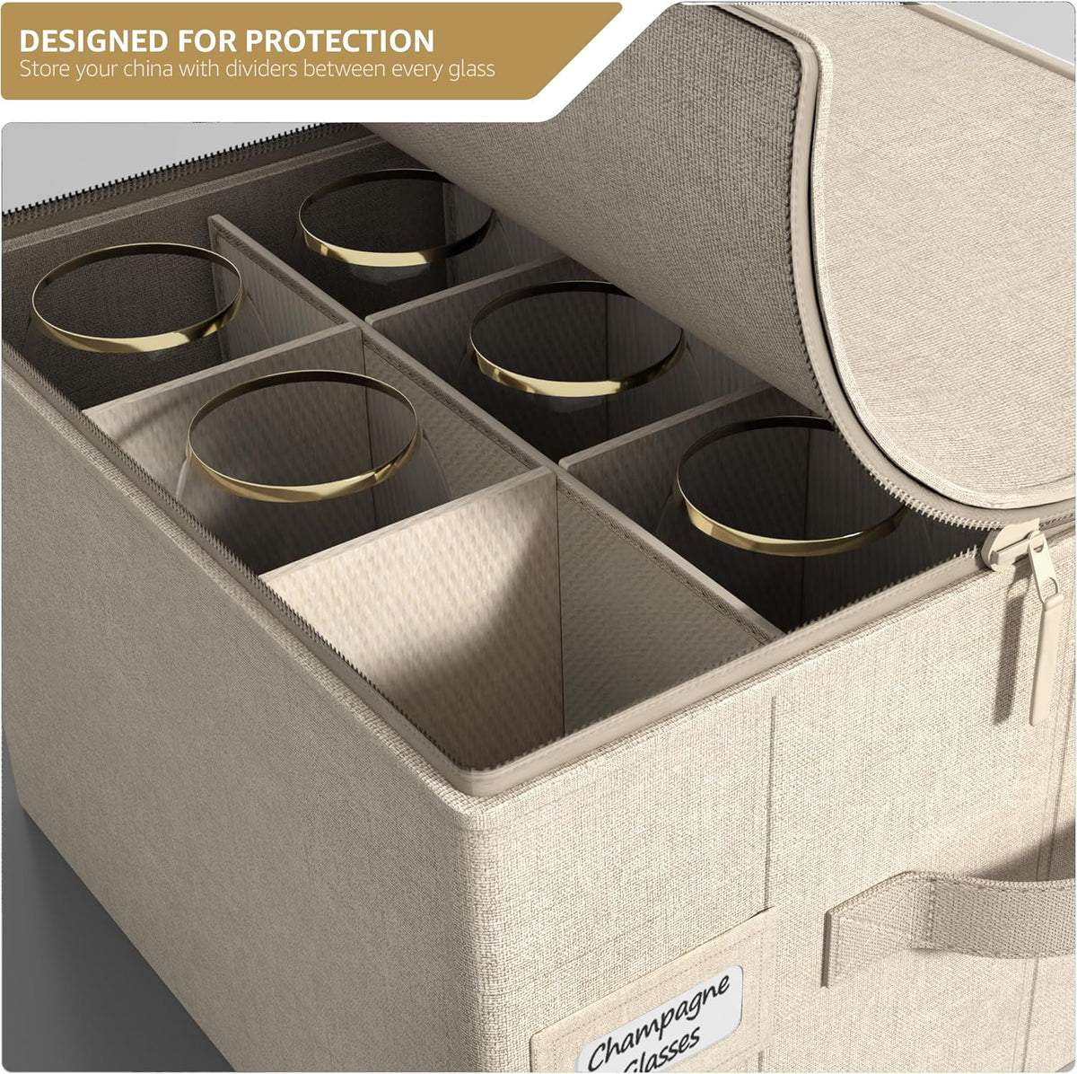 Sorbus China Storage Containers – Dinnerware Organizer for Champagne Flute Glasses with Lid (Holds Service for 12) with Felt Protectors – 13" x 10" x 10.6"