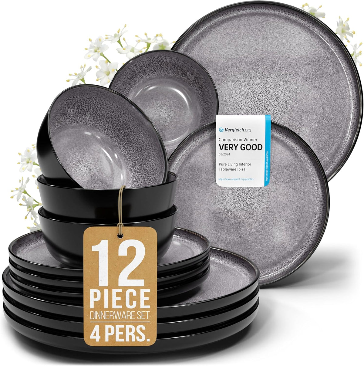 Stoneware dinnerware set 4 persons 12 pcs - Dishwasher, microwave and scratch resistant - Bowl and plate set 4 persons modern - Dinner service Pure Living black in gray…