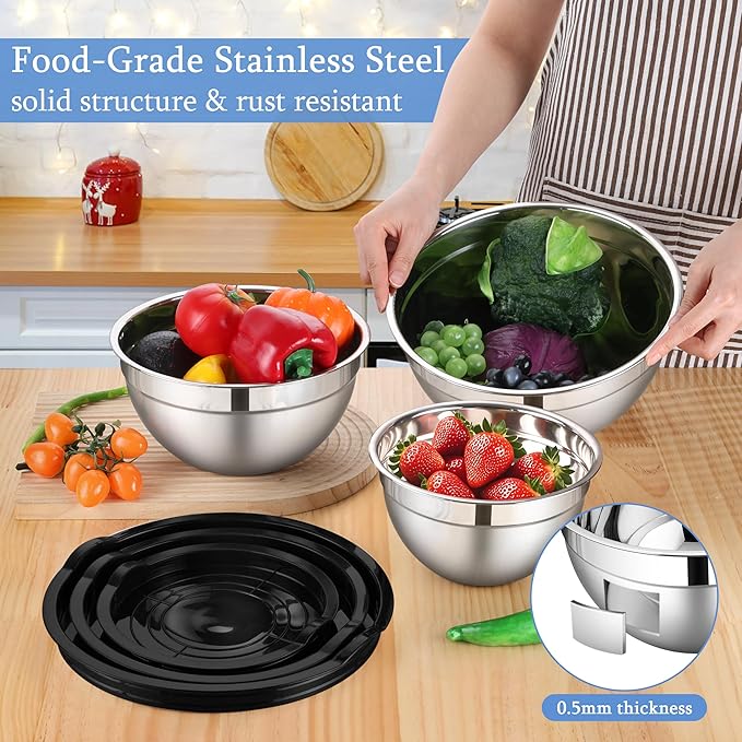 LIANYU Mixing Bowls with Lids Set of 3, Large & Small Stainless Steel Nesting Metal Bowls for Kitchen Storage, Dishwasher Safe, Size 1.5QT & 3QT & 4.6QT, Black