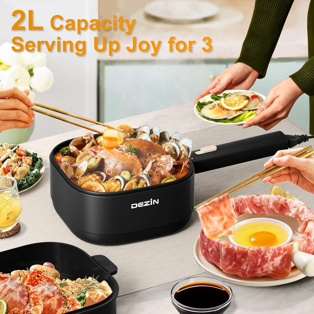 Dezin 2L Electric Hot Pot with Steamer, Rapid 800W Non-Stick Ceramic Coating Dorm Cooking Pot, Plug in Electric Pan Cooker with Adjustable Power for College Hotel Office(Silicone Spatula Included)