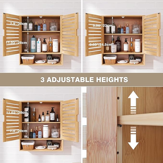 SMIBUY Bathroom Cabinet Wall Mounted, Bamboo Over-The-Toilet Storage Organizer, Space Saver Medicine Cabinet with 2 Door and Adjustable Shelves (Natural)