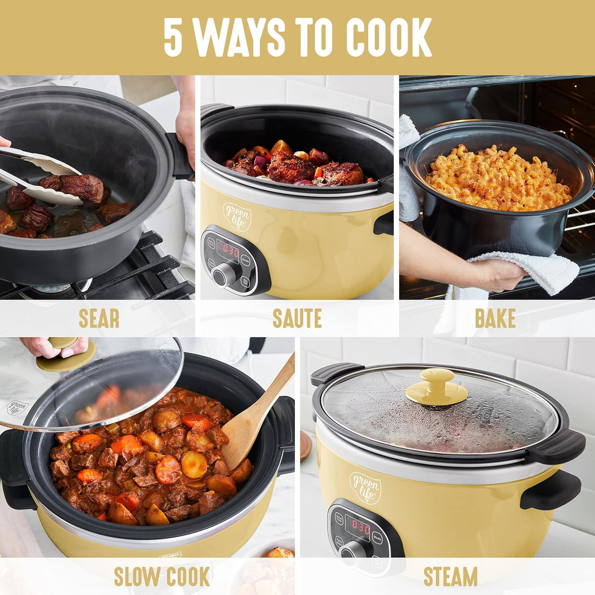 GreenLife 6QT Slow Cooker, Non-Toxic PFAS-Free Ceramic Nonstick Removable Interior Bowl, Programmable, Family Friendly, Keep Warm, Stovetop & Oven Safe, Dishwasher Safe Parts, Timer, Glass Lid, Yellow