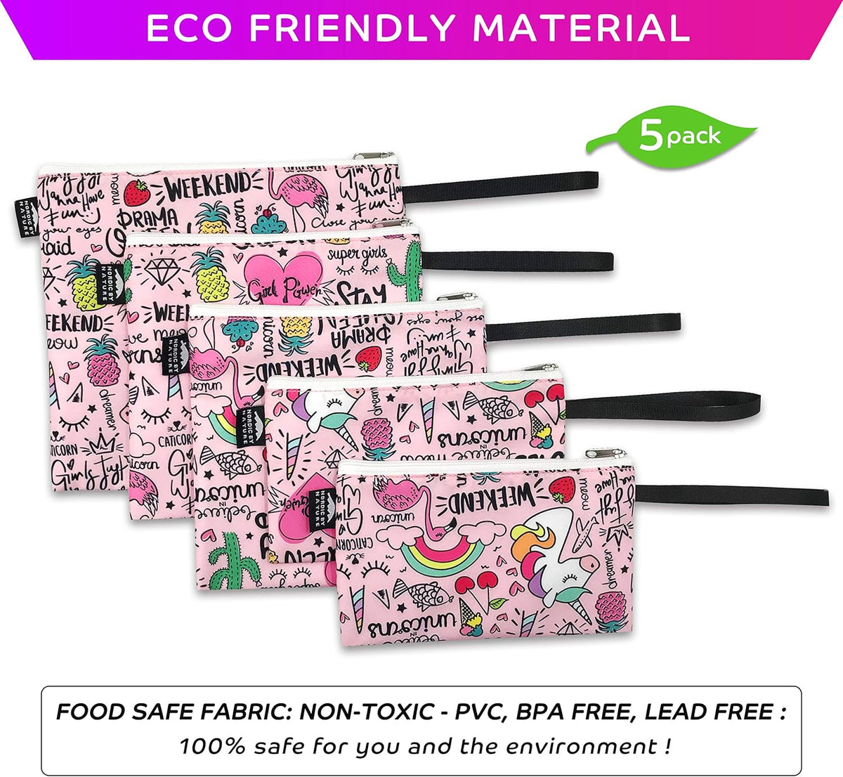 Nordic By Nature-Dual Layer Reusable Sandwich & Snack Bags – BPA-Free, Easy Clean, School Lunch Bags for Kids & Adults (Unicorns & Rainbows)