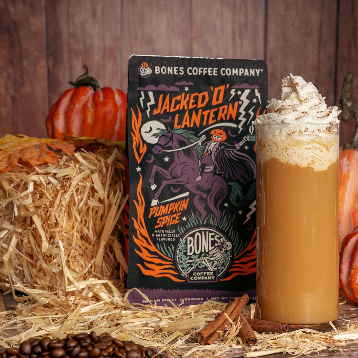 Bones Coffee Company Jacked 'O' Lantern, Pumpkin Spice Flavored Coffee, Medium Roast Low Acid Arabica Beans Compatible with Auto drip and French Press Coffee Maker, 12 Oz Whole Bean