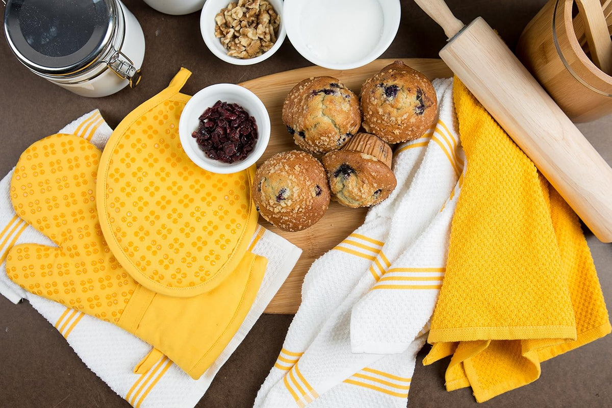 Sticky Toffee 9-Piece Kitchen Set – Yellow 100% Cotton Terry Dish Towels, Dishcloths, Oven Mitts, and Pot Holders with Non-Slip Silicone Grip, Oeko-Tex Cotton