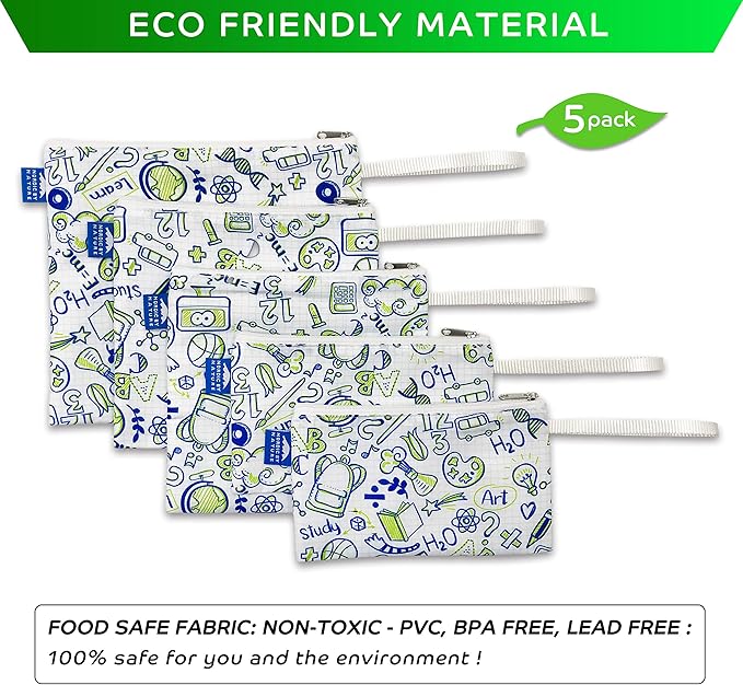 Nordic By Nature Reusable Sandwich Bag Snack Bags - Value Pack of 5 Dual Layer Lunch Baggies - Dishwasher Safe - Eco Friendly Cloth Wraps - Easy Open Zipper (Back to School)