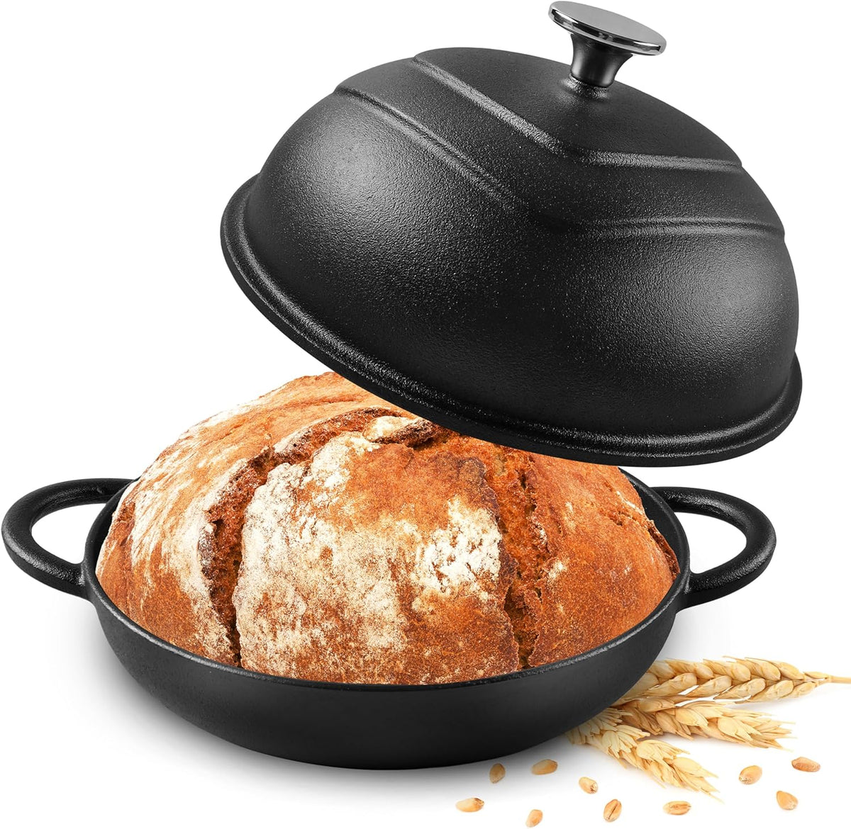 MGKKT Enamelled Cast Iron Dutch Oven with Cloche Lid, 5QT Round Bread Pot for Sourdough Bread Baking, Baking Enthusiast Gift, Cast Iron Bread Oven, Black