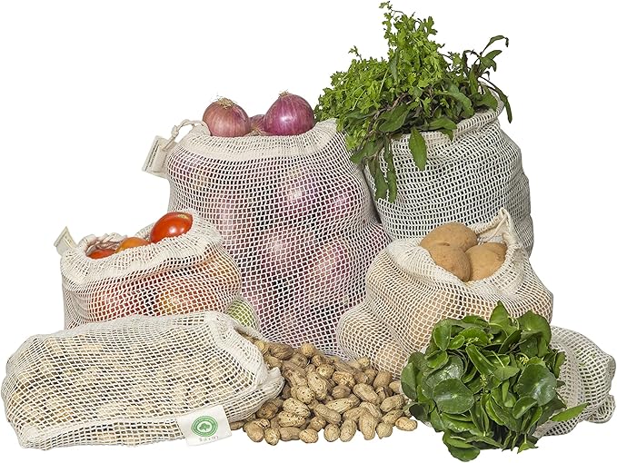 Reusable Mesh Produce Bags - 8 Pack, 100% Organic Cotton Reusable Net Vegetable Bags - Environment-friendly & Washable Fruit, Vegetable & Produce Sacks (2 X Large, 2 Large, 2 Medium, 2 Small)