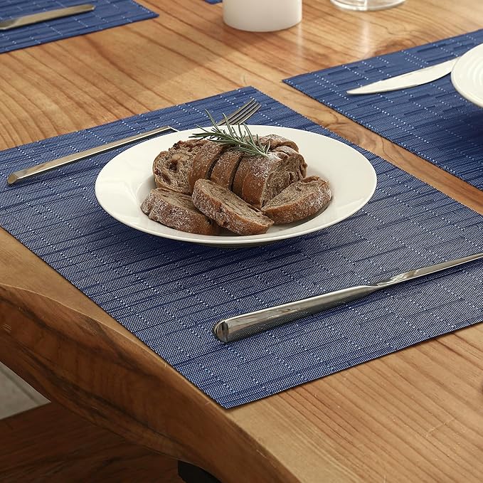 Leetaltree Blue Placemats Set of 6 - Heat Resistant Non-Slip Place mats for Dining Table, Washable Durable PVC Vinyl Woven Table Mats（Blue, 6）