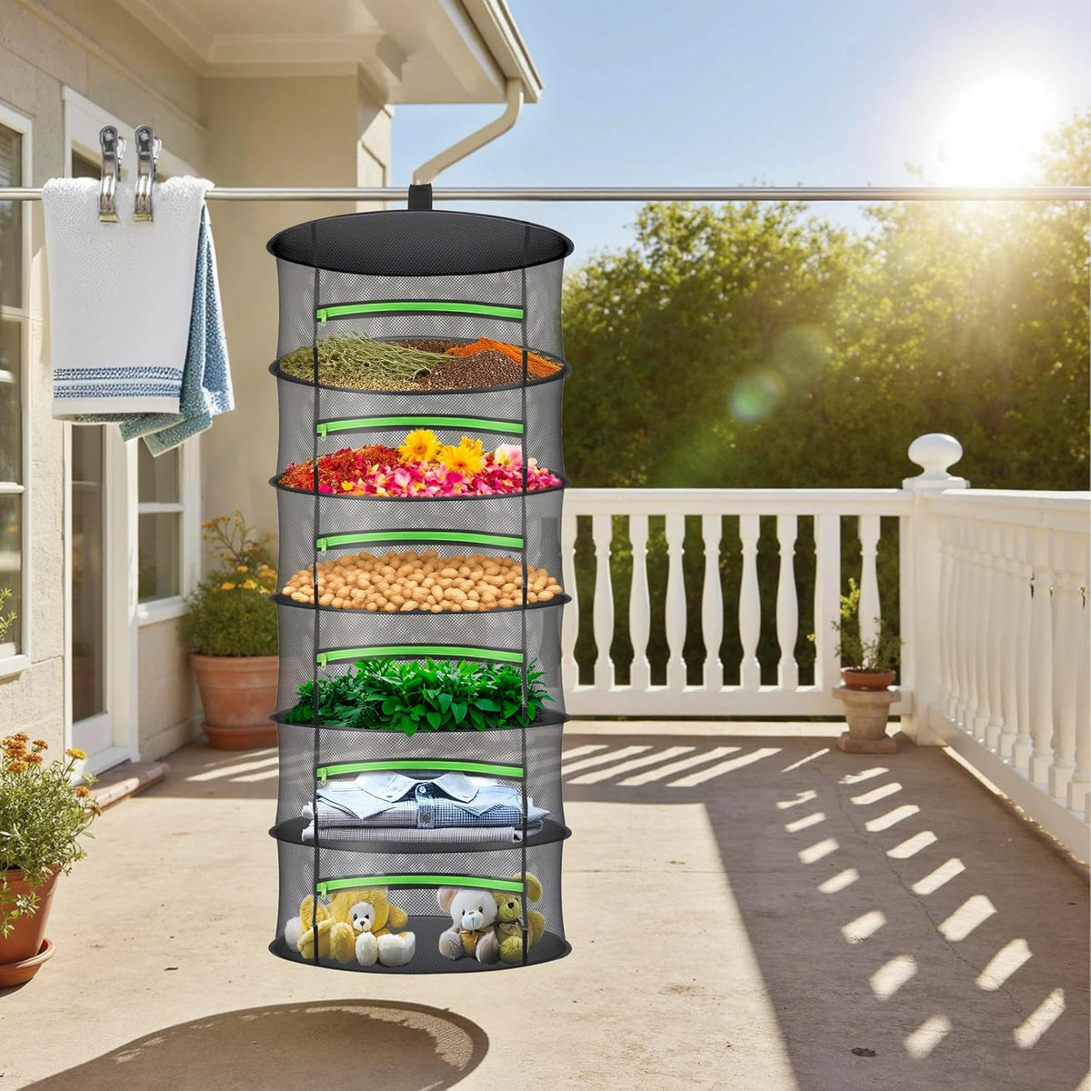 Herb Drying Rack with Mesh Design - Hanging Herb Dryer with Green Zipper for Garden, Home, Indoor or Outdoor Use (4layer)