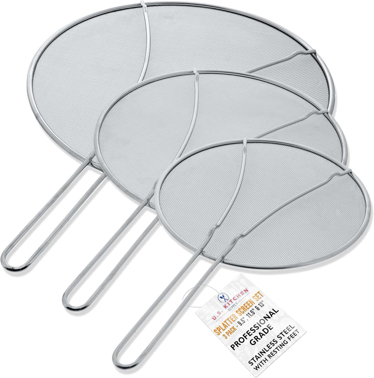 U.S. Kitchen Supply Set of 3 Stainless Steel Splatter Screen - 13", 11.5" & 9.5" Sizes - Fine Mesh Splatter Screen with Resting Feet Set, Grease Guard for Kitchen Pots and Pans