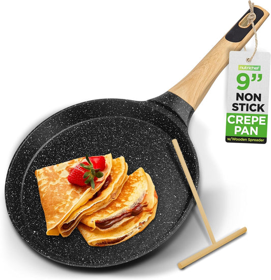 NutriChef 9.45” Non-Stick Crepe Pan with Wooden Spreader, Durable Marble Coated Dosa Pan, Bakelite Handle and Induction Bottom, PFOA/PFOS Free, Dishwasher Safe, Even Heat Distribution (Black Marble)