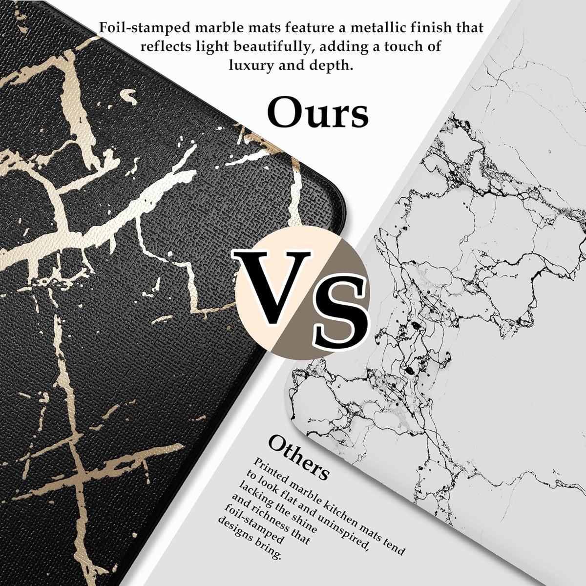 Gold Foil Stamped Marble Kitchen Mats for Floor 2PCS Cushioned Anti Fatigue Non Slip Waterproof Comfort Leather Kitchen Rugs 2/5 Inch PVC Kitchen Mats for Sink, Laundry, 17.3"x28"+17.3"x47", Black