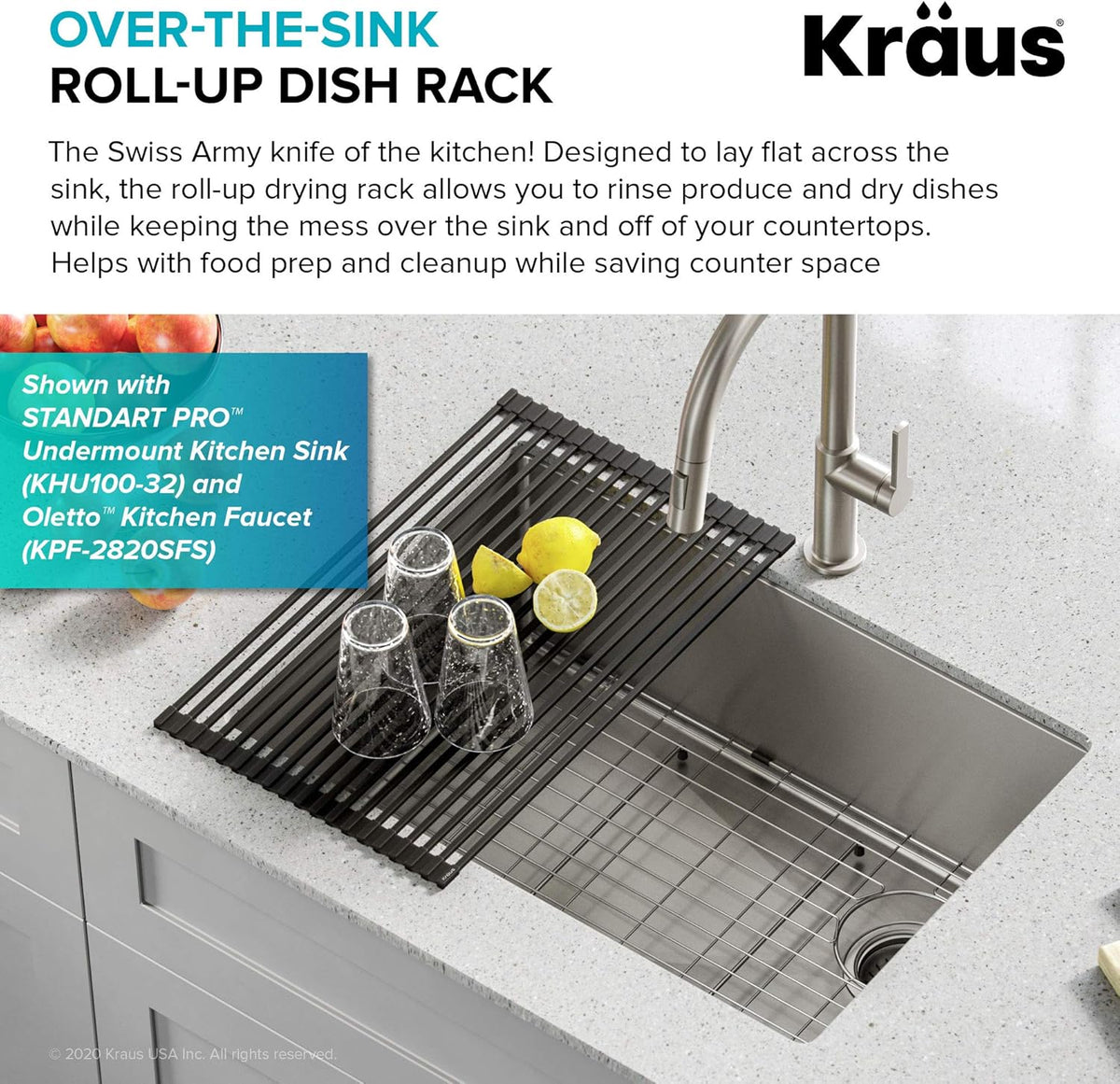 Kraus Multipurpose Over-Sink Roll-Up Dish Drying Rack, Colander and Trivet in Light Grey, KRM-10GREY