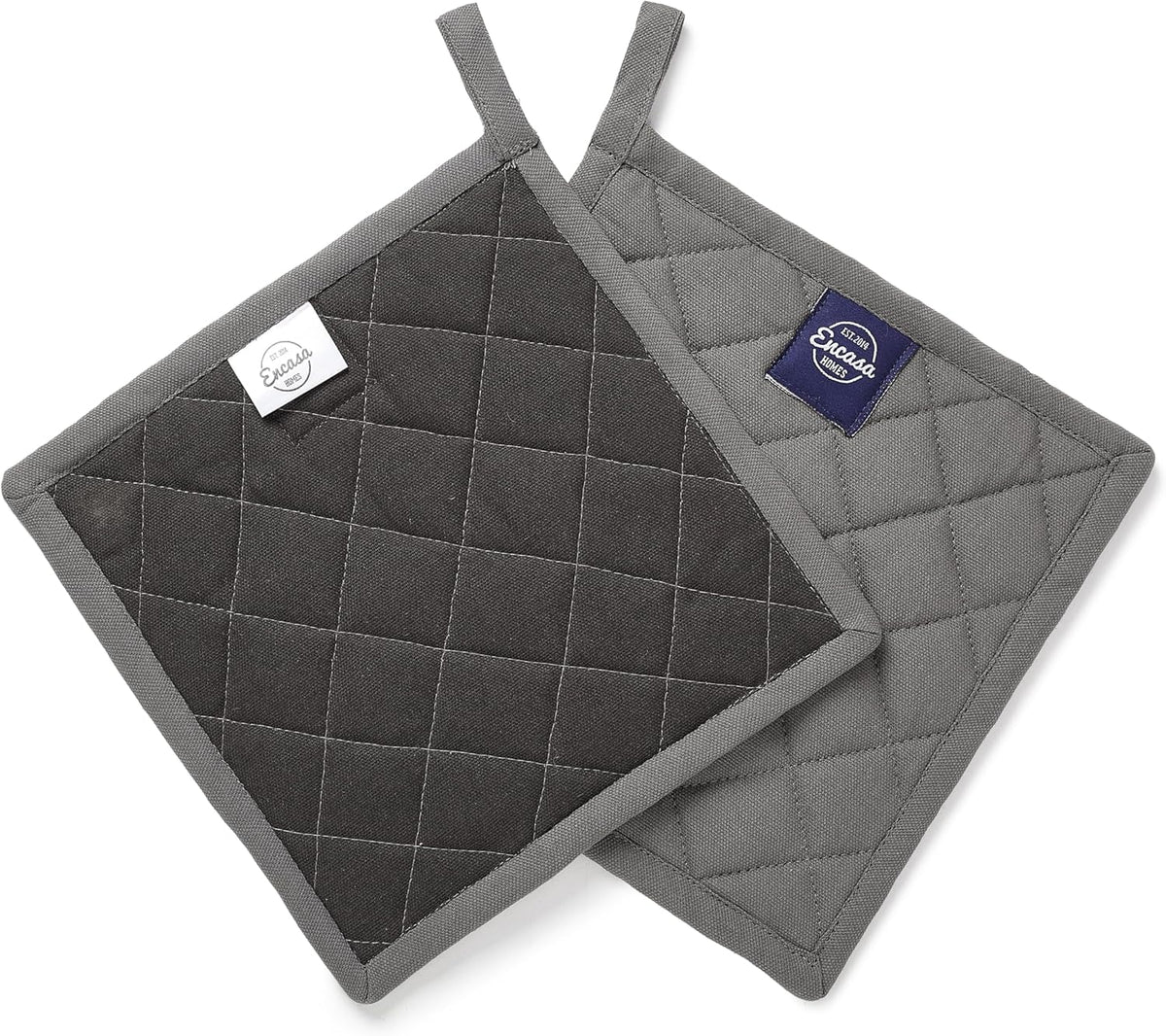 Encasa XO Heat Resistant Cotton Pot Holders with Hanging Loop - Set of 2 - Grey - Multipurpose Quilted Everyday Hot Pad for Kitchen, Camping, BBQ & Microwave - 8x8 in