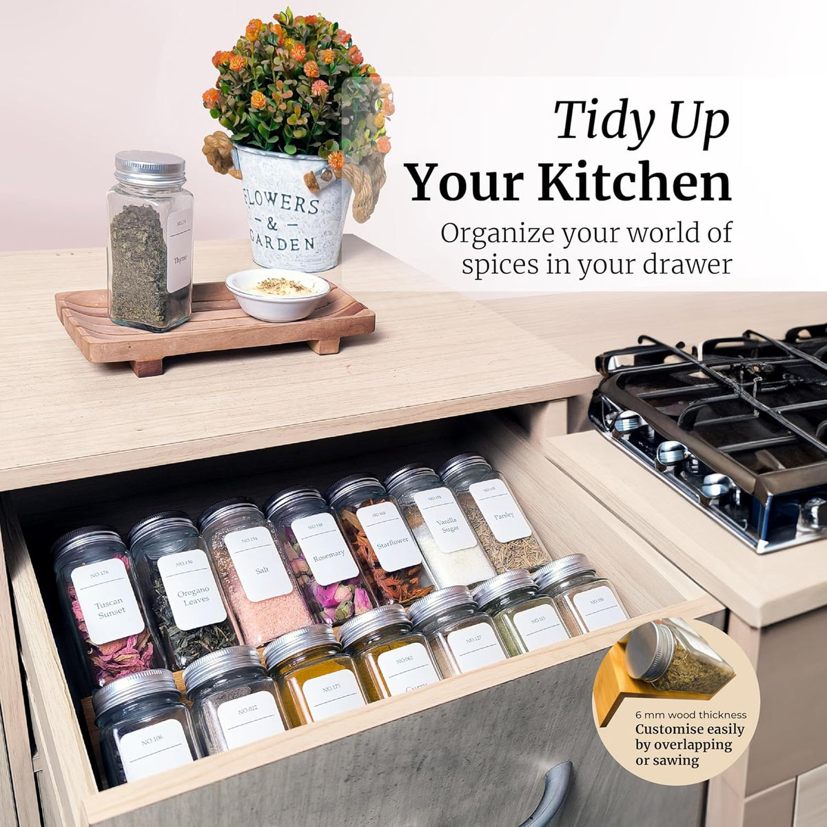 Spice Drawer Organizer with Jars and Labels, Bamboo Spice Rack For Drawer, Spice Organization For Cabinet Drawer, Spice Organizer For Drawer, Bamboo Drawer Organizer, Spice Organization For Drawer