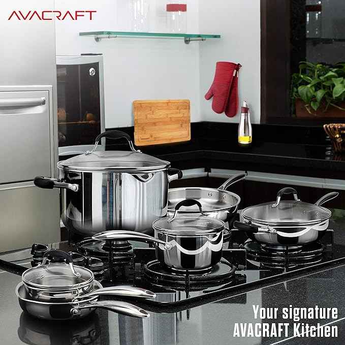 AVACRAFT 18/10 Stainless Steel Cookware Set, Premium Pots and Pans, Kitchen Essentials For Cooking, Multi-Ply Body Stainless Steel, 10-Pieces