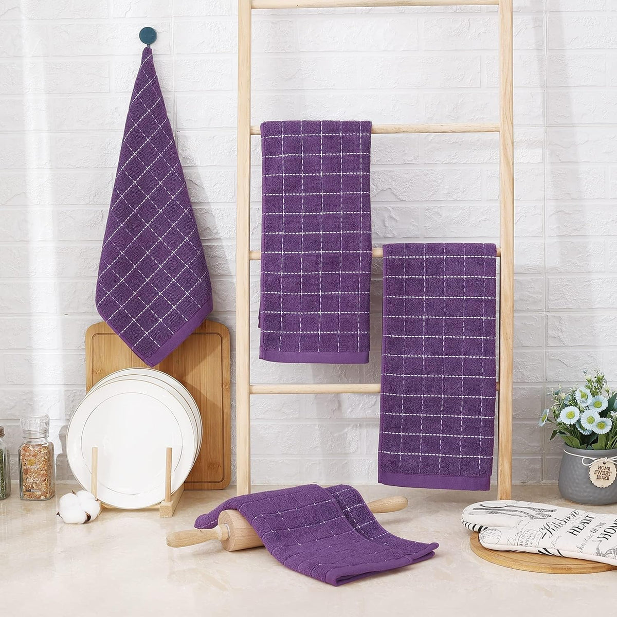 Homaxy 100% Cotton Terry Kitchen Towels(Purple, 13 x 28 inches), Checkered Designed, Soft and Super Absorbent Dish Towels, 12 Pack