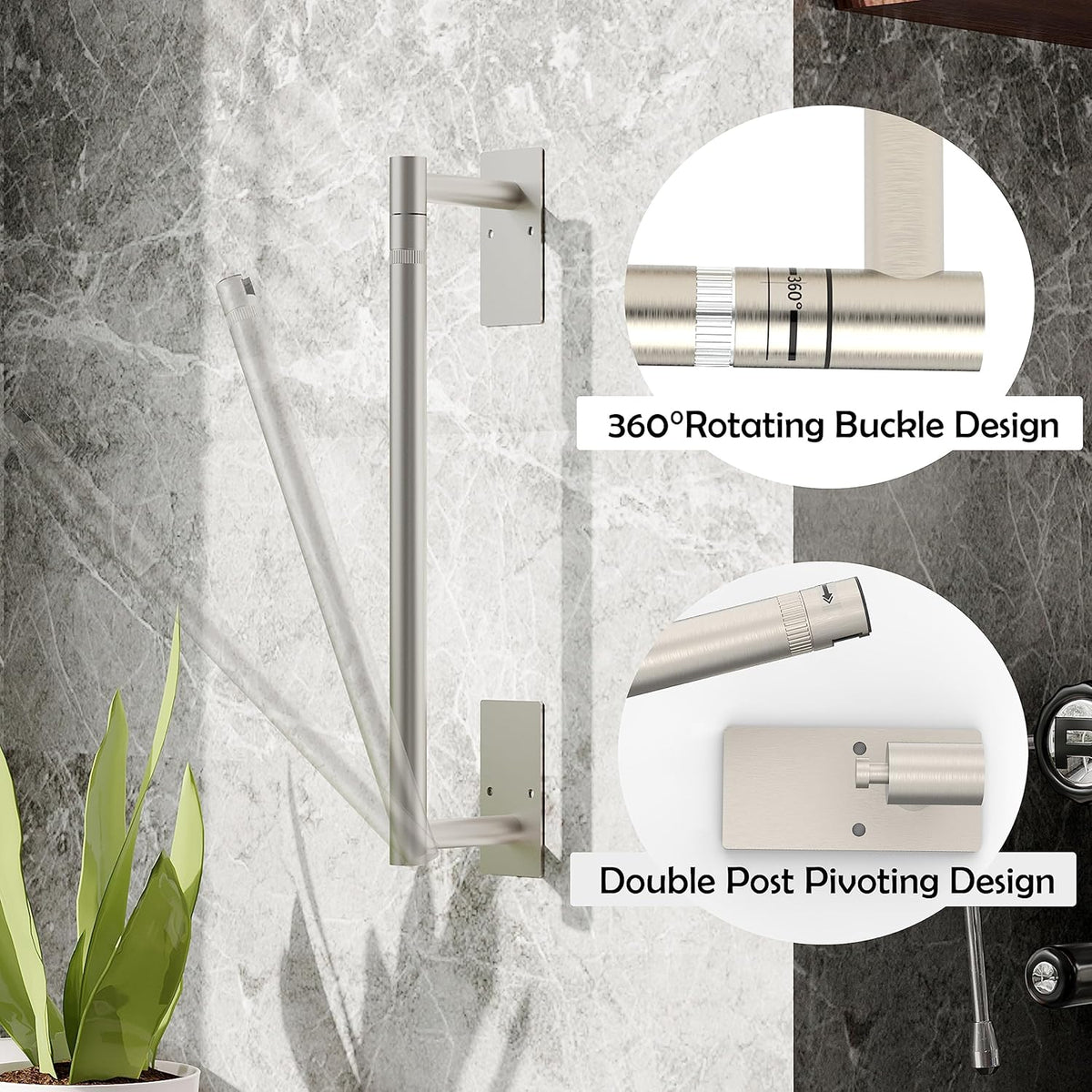 Ruacq Paper Towel Holder Under Cabinet Stainless Steel Double Post Pivoting Square Base Paper Towel Holder for Kitchen Self-Adhesive or Drill mounting (Silver, Large Roll)