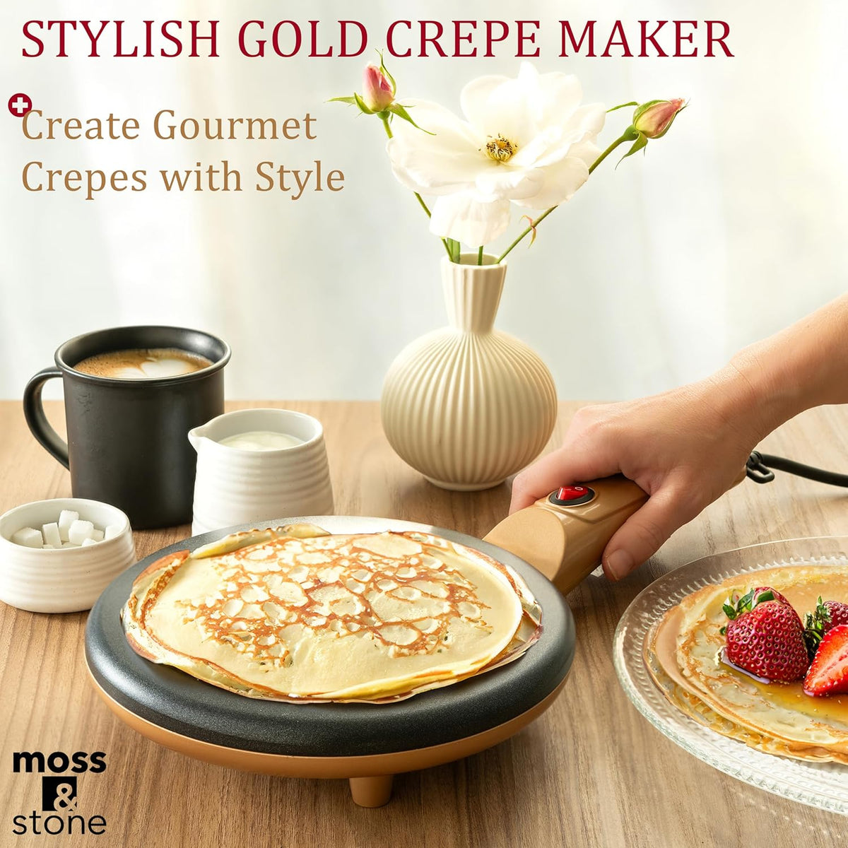 Moss & Stone Gold Electric Crepe Maker 8 Inch, Portable Crepe Maker & Hot Plate Cooktop On/Off Switch, Nonstick Coating, Automatic Temperature Control, Easy To Use For Pancakes, Blintz