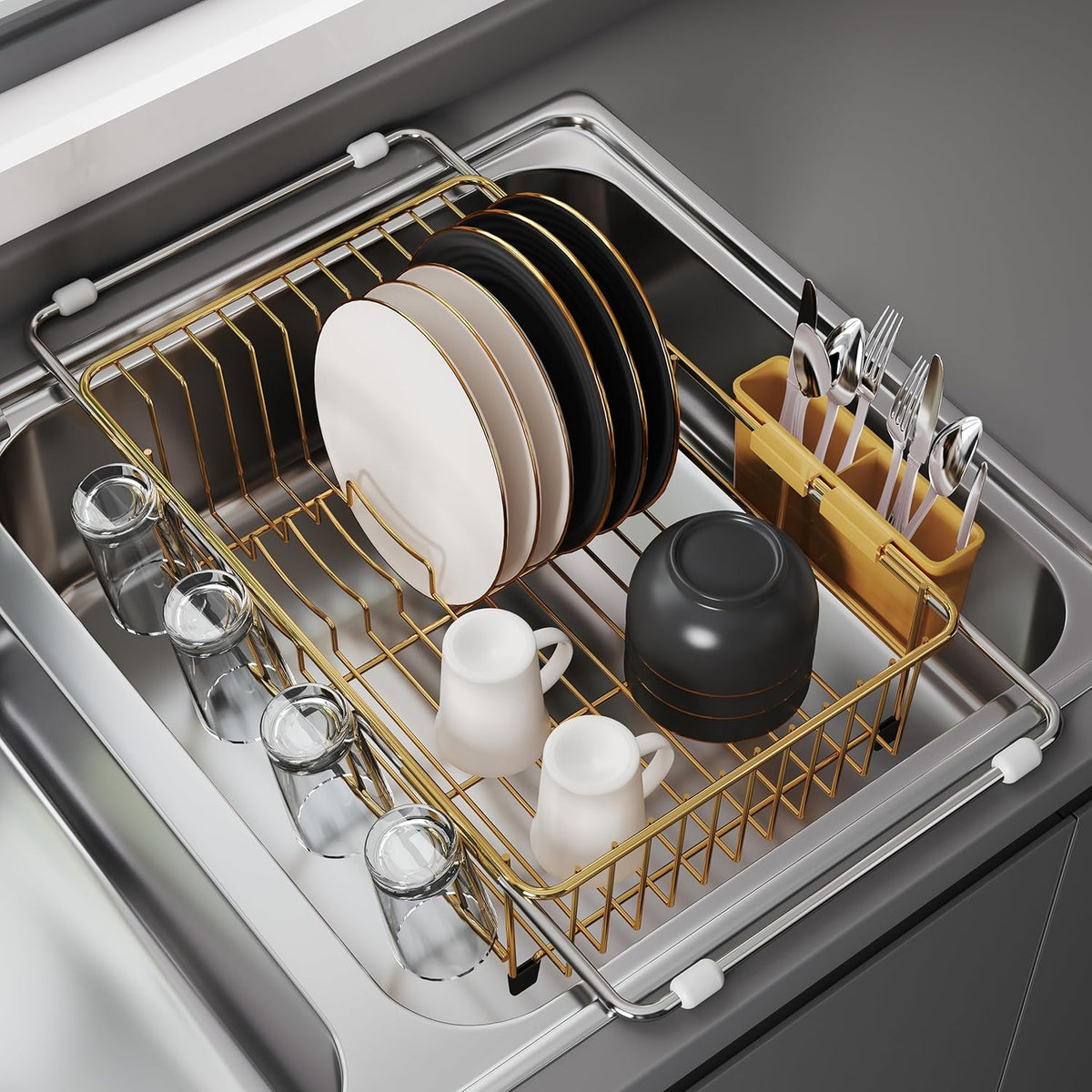 JASIWAY Sink Dish Drying Rack, Expandable Stainless Steel Dish Rack Over Sink, Kitchen Sink Drain Strainer with Cutlery Holder & Cup Holders, Space Saving Plates Dryer Rack, Gold