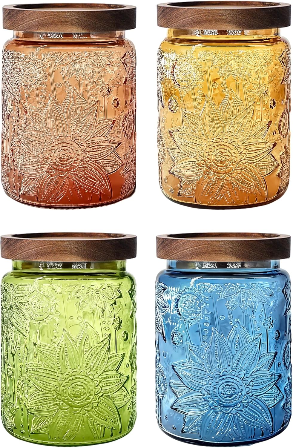 Glass Jars with Airtight Wood Lids – 24 OZ Kitchen and Pantry Canisters Sets, Decorative Vintage Storage Containers for Candy, Coffee, Cookie, Cereal, Flour, Sugar, Tea, Set of 4 Sunflower