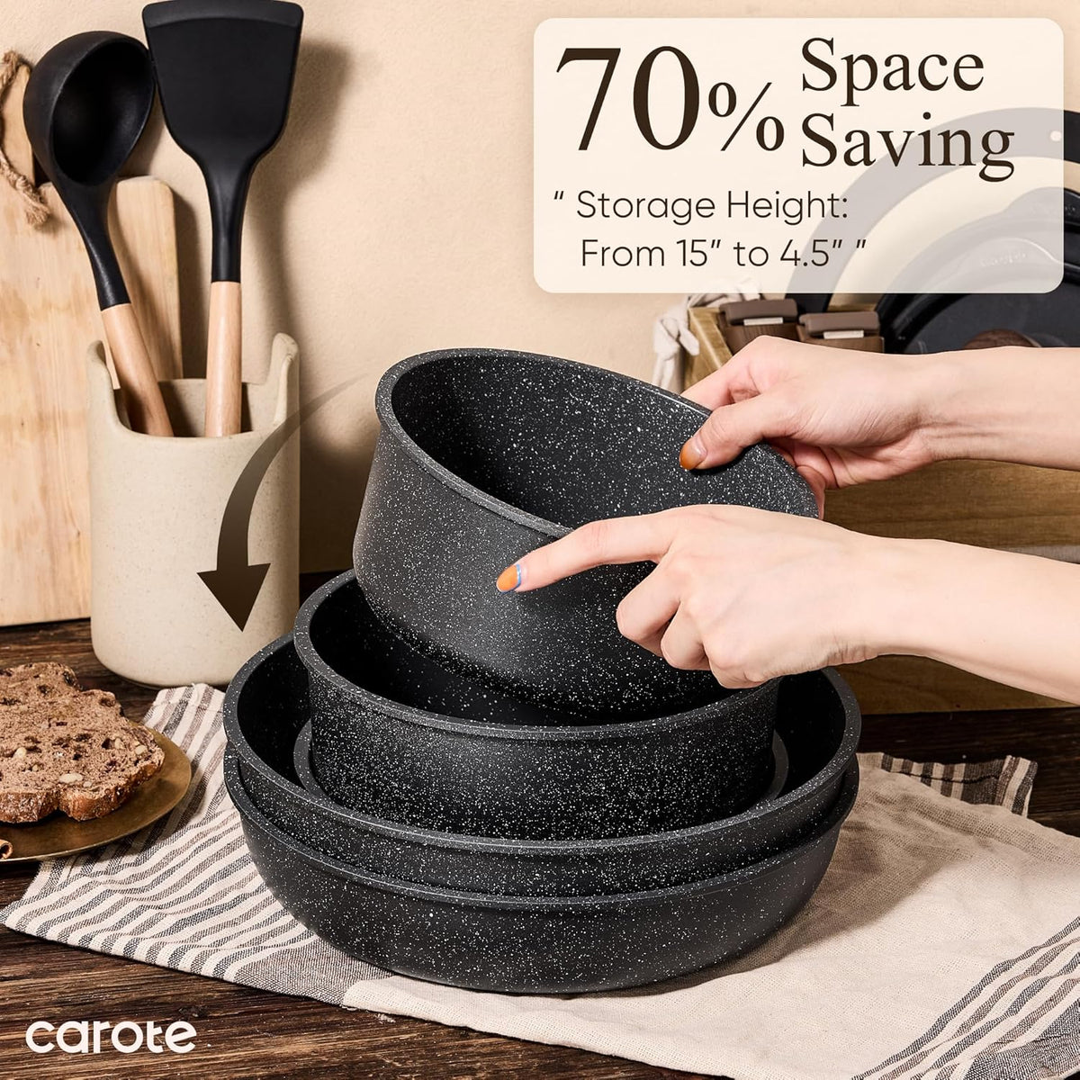 CAROTE 25pcs Pots and Pans Set Non Stick, Cookware Sets, Kitchen Set, Oven/Dishwasher/Fridge Safe, Space Saving Pots Set, Nonstick Set with Versatile Detachable Handle, Induction RV Set, Black