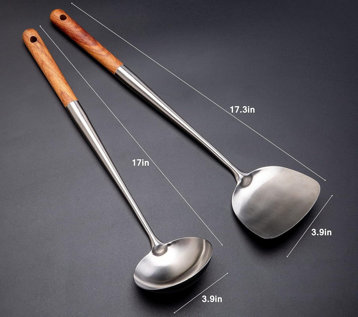 FJNATINH Wok Spatula and Ladle Tool Set, 17inches Spatula for Wok, 304 Stainless Steel Spatula Soup Ladle