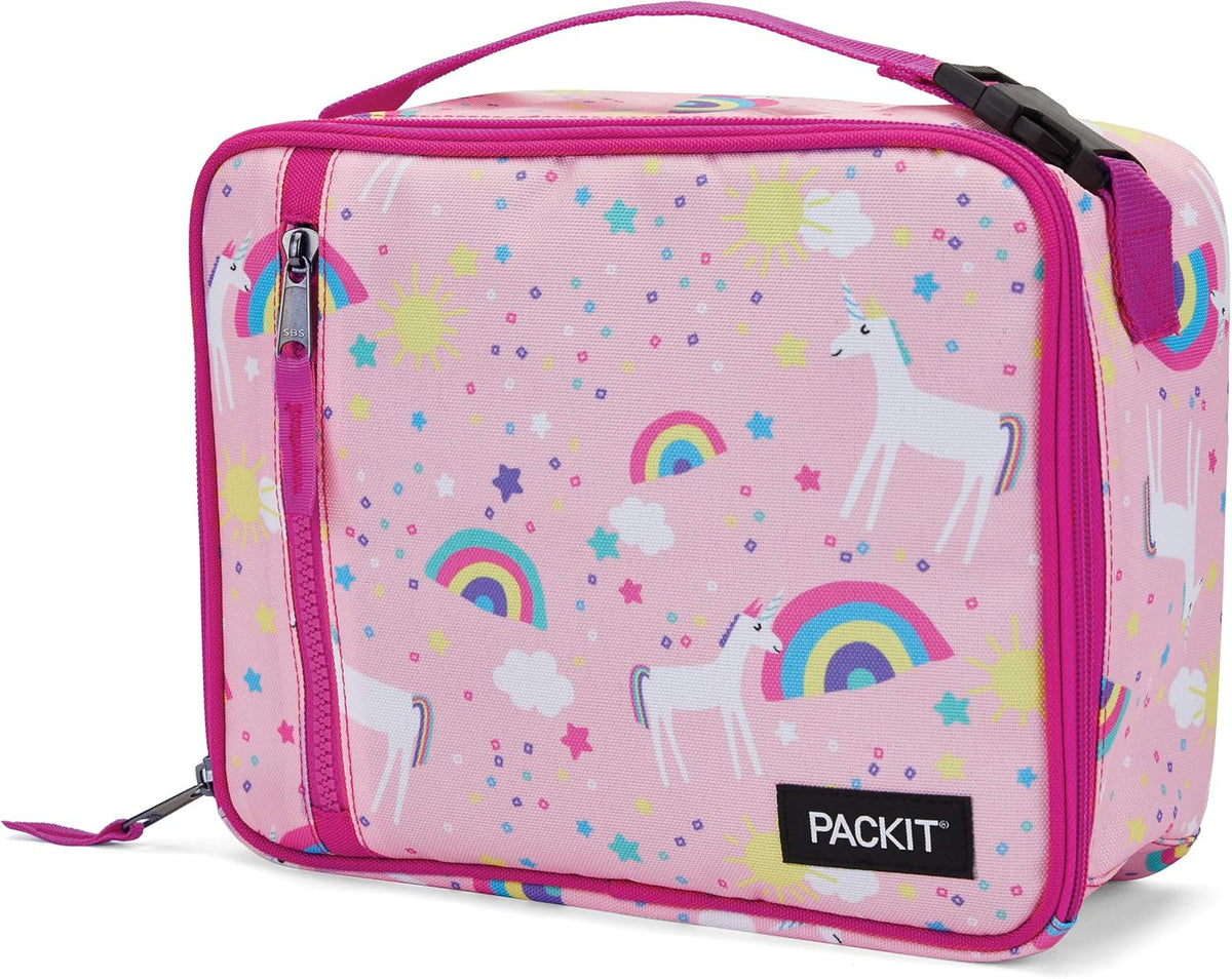 PackIt Freezable Classic Lunch Box, Unicorn Sky Pink, Built with EcoFreeze Technology, Collapsible, Reusable, Zip Closure With Zip Front Pocket and Buckle Handle, Perfect for School Lunches