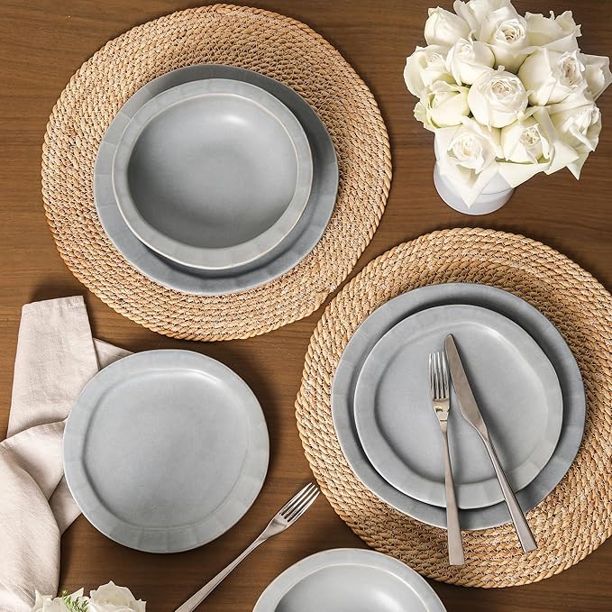 Stone Lain Oasis 12-Piece Dinnerware Set Stoneware, Dishwasher and Microwave Safe Plates and Bowls Set, Dish Set for 4, Grey Blue